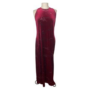 Vintage Ronni Nicole Burgundy Velvet Maxi Dress 14 Silver Glitter Keyhole Back